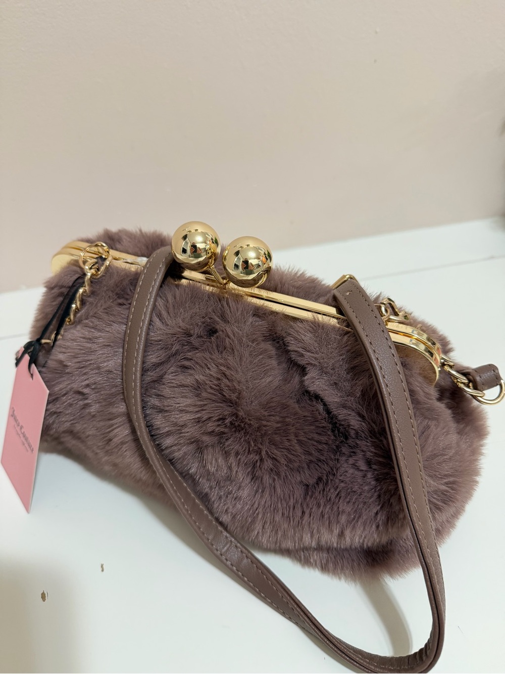 Juicy Couture Taupe Faux Fur Mini Kiss-Lock Crossbody with Gold Hardware - Picture 2 of 3
